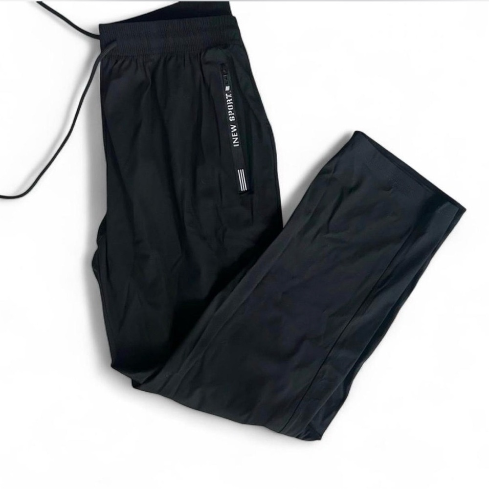 Black Athletic Jogger Pants Zipper Pocket Drawstring Waist Lightweight - Picture 2 of 3